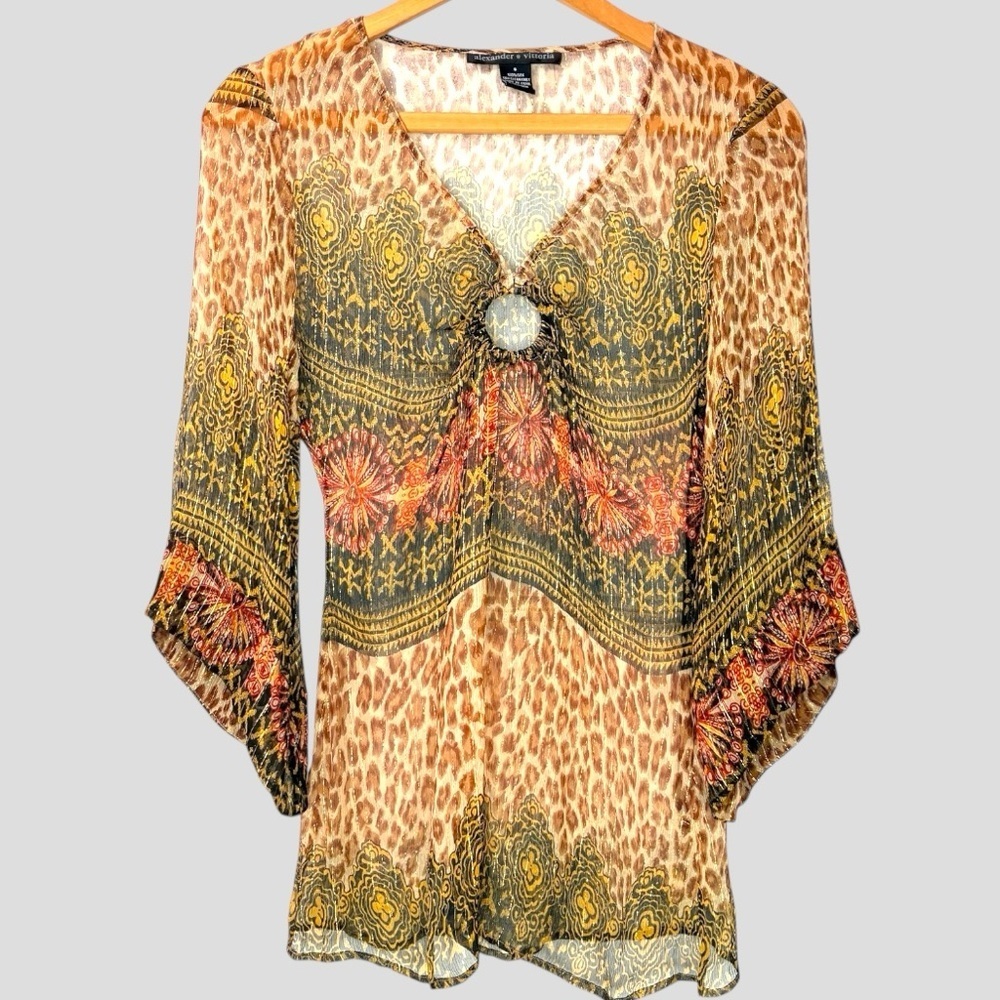 90s Sheer Silk Top O-Ring Golden Thread Whimsigoth Fairy Grunge Bell Sleeve Sz.S